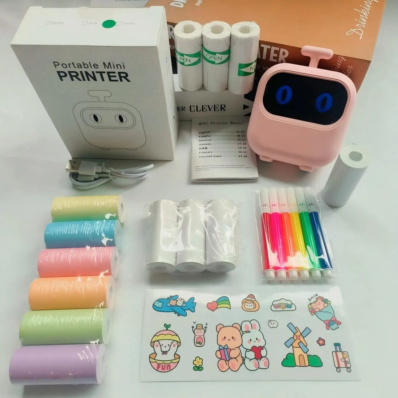 Wireless Mini Printer Set with 6 Color Thermal Papers, 3 Sticker Rolls, 3 Receipt Papers, 6 Pens & Sticker Sheet - Portable Labe