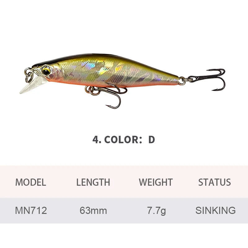 6.3cm 7.7g Fishing Lures Sinking Minnow Wobbler Long Casting Artificial Hard Bait Jerkbait Fishing Accessories Trout Bass MN712