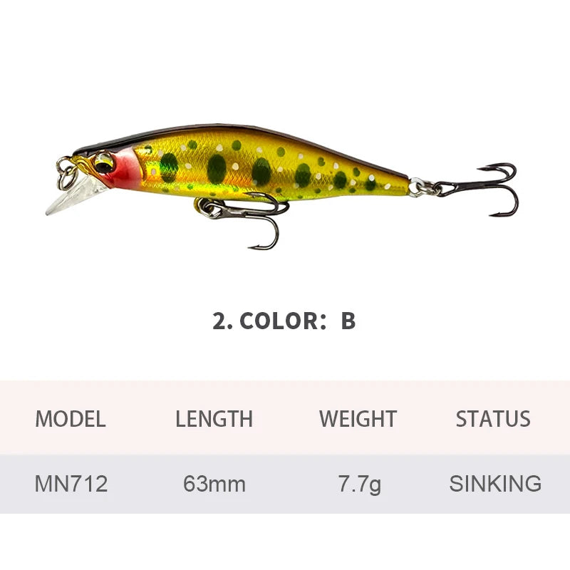6.3cm 7.7g Fishing Lures Sinking Minnow Wobbler Long Casting Artificial Hard Bait Jerkbait Fishing Accessories Trout Bass MN712